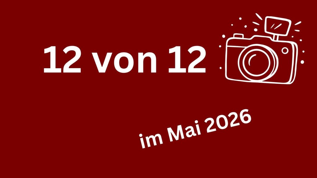 dunkelrote Fläche mit weißer Aufschrift 12 von 12 im Mai 2026